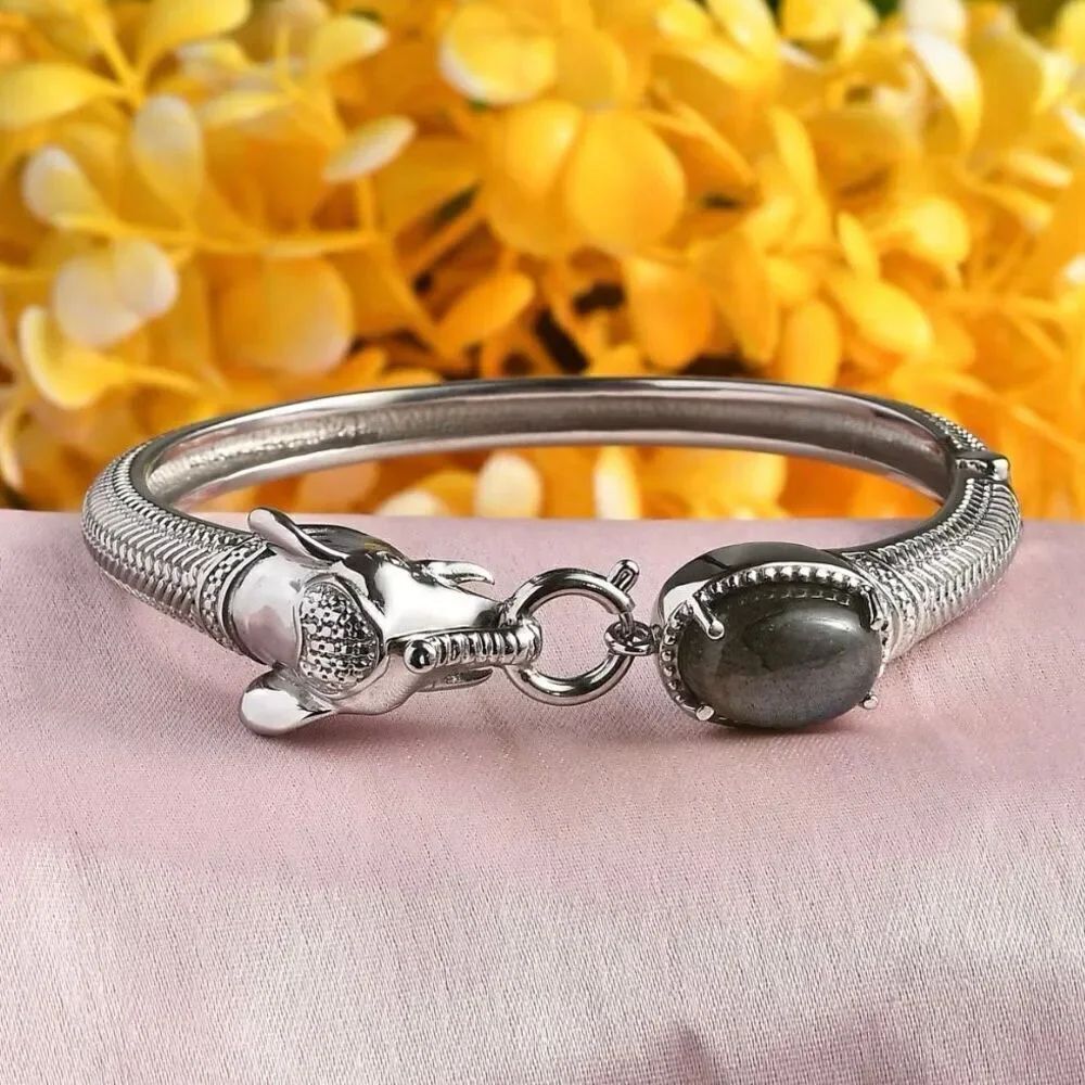 Malagasy Labradorite 7.10 ctw Silver Bangle Bracelet in Elephant Design 7.25 In